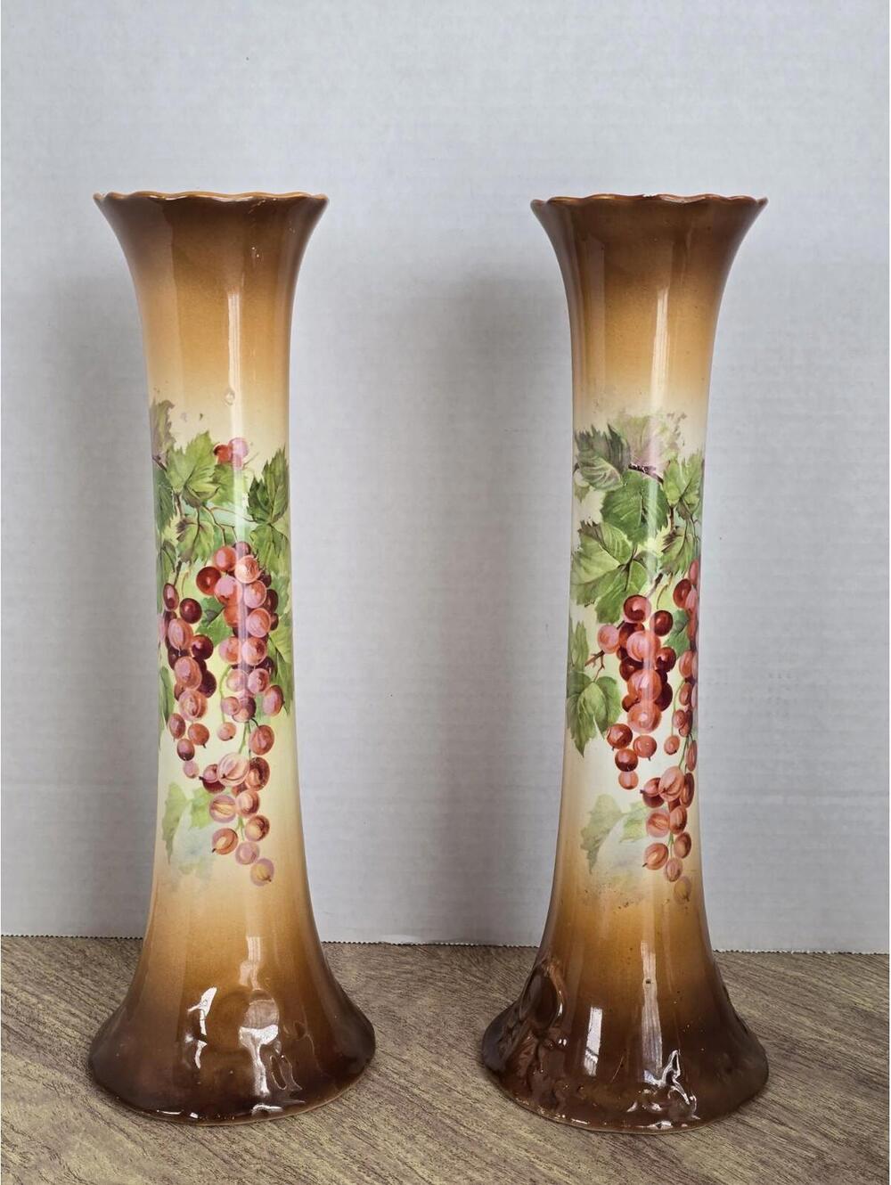 Vtg Homer Laughlin Vase Grapes  Currants Pattern 16"  Mid-Century   Set Of 2